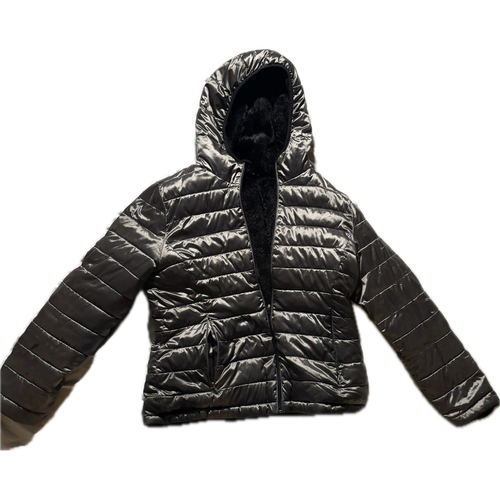 Andrew Marc Womens Metallic‎ Charcoal Puffer Jacket Faux Fur Lined Hooded Coat
